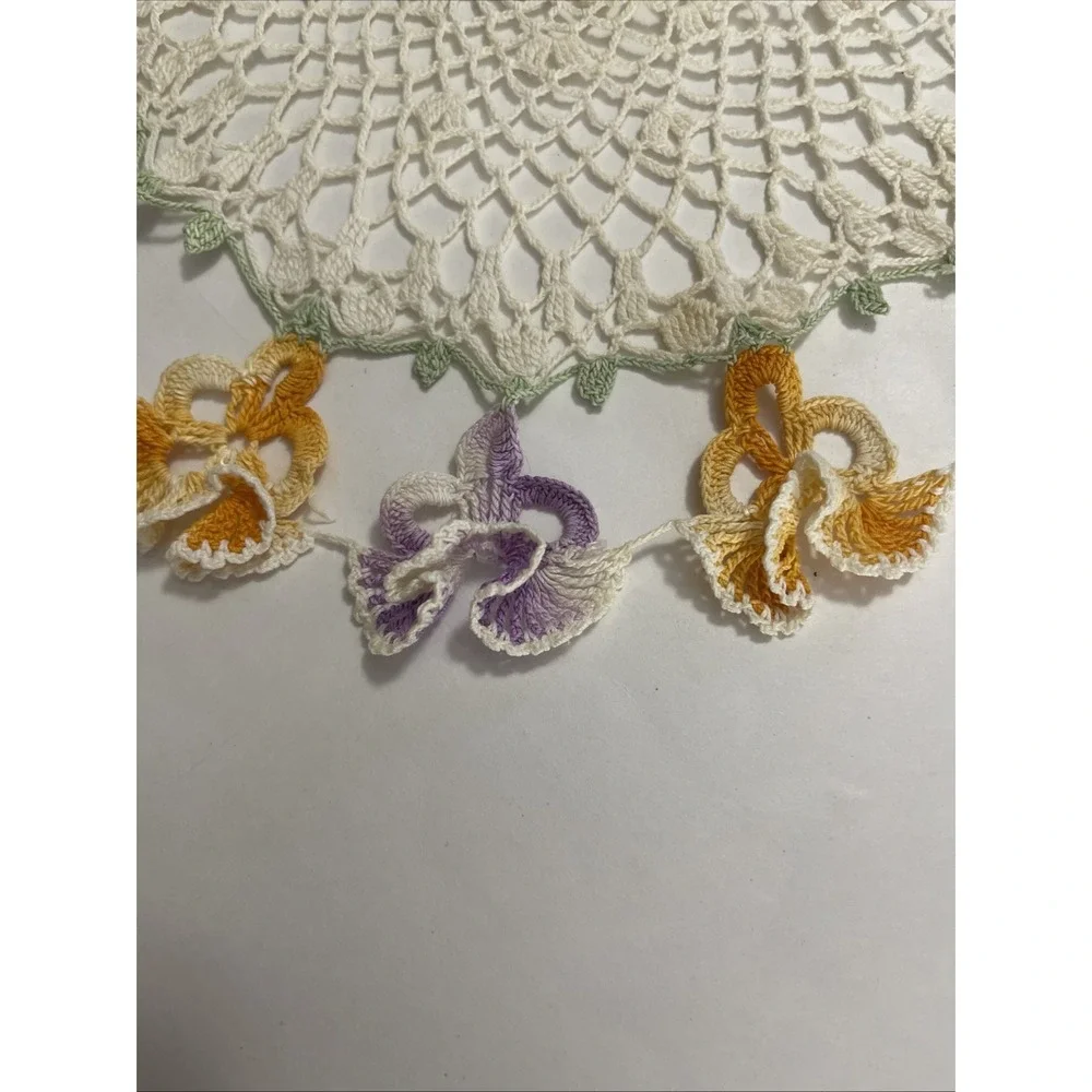Vintage Pansy Crochet Doily Coaster Purple & Orange‎ Flowers Grandma Core Home